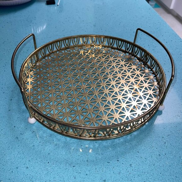 Vintage Gold Tone Metal Footed Drink Serving Tray With Handles - Picture 1 of 9